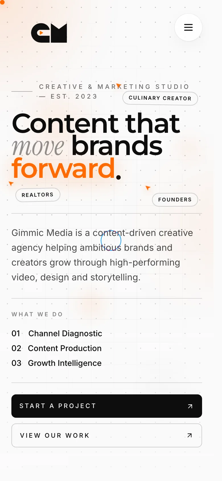 Gimmic Media website shown on mobile, with the responsive homepage layout.