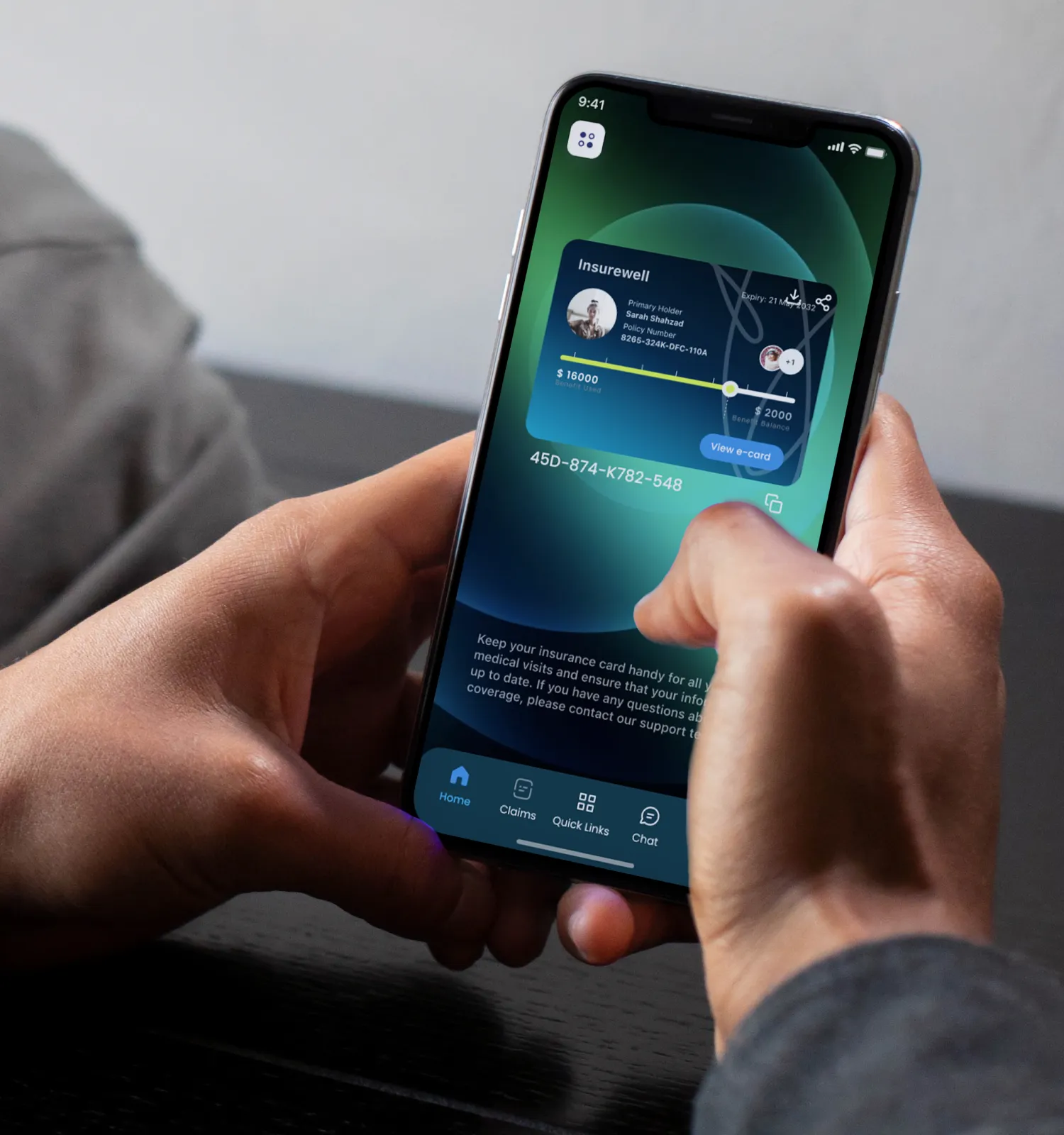 InsureWell digital insurance card screen.